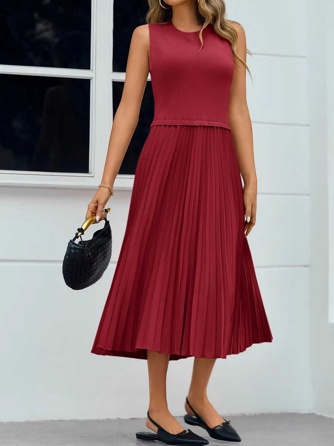 Wenrine Womens Summer Sleeveless Tank Dress Casual Knit Patchwork Crewneck Pleated Office Midi Dresses