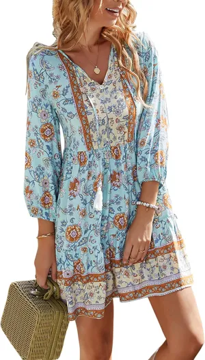 WIWIQS Womens Bohemian Neck Tie Vintage Printed Ethnic Style Summer Casual Beach Dress