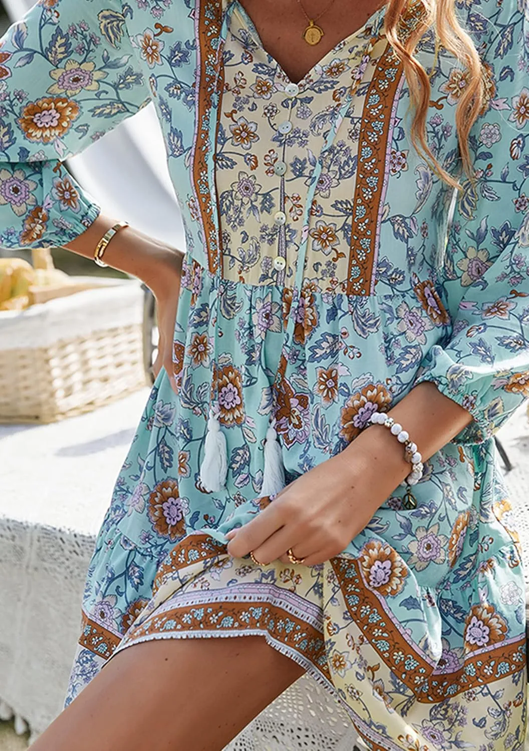 WIWIQS Womens Bohemian Neck Tie Vintage Printed Ethnic Style Summer Casual Beach Dress