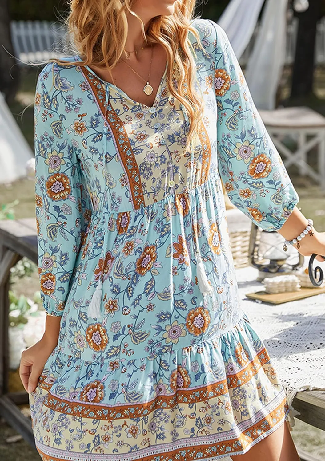 WIWIQS Womens Bohemian Neck Tie Vintage Printed Ethnic Style Summer Casual Beach Dress