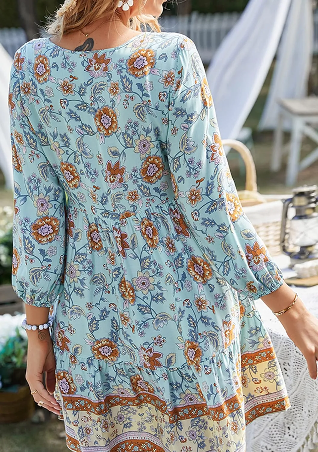 WIWIQS Womens Bohemian Neck Tie Vintage Printed Ethnic Style Summer Casual Beach Dress
