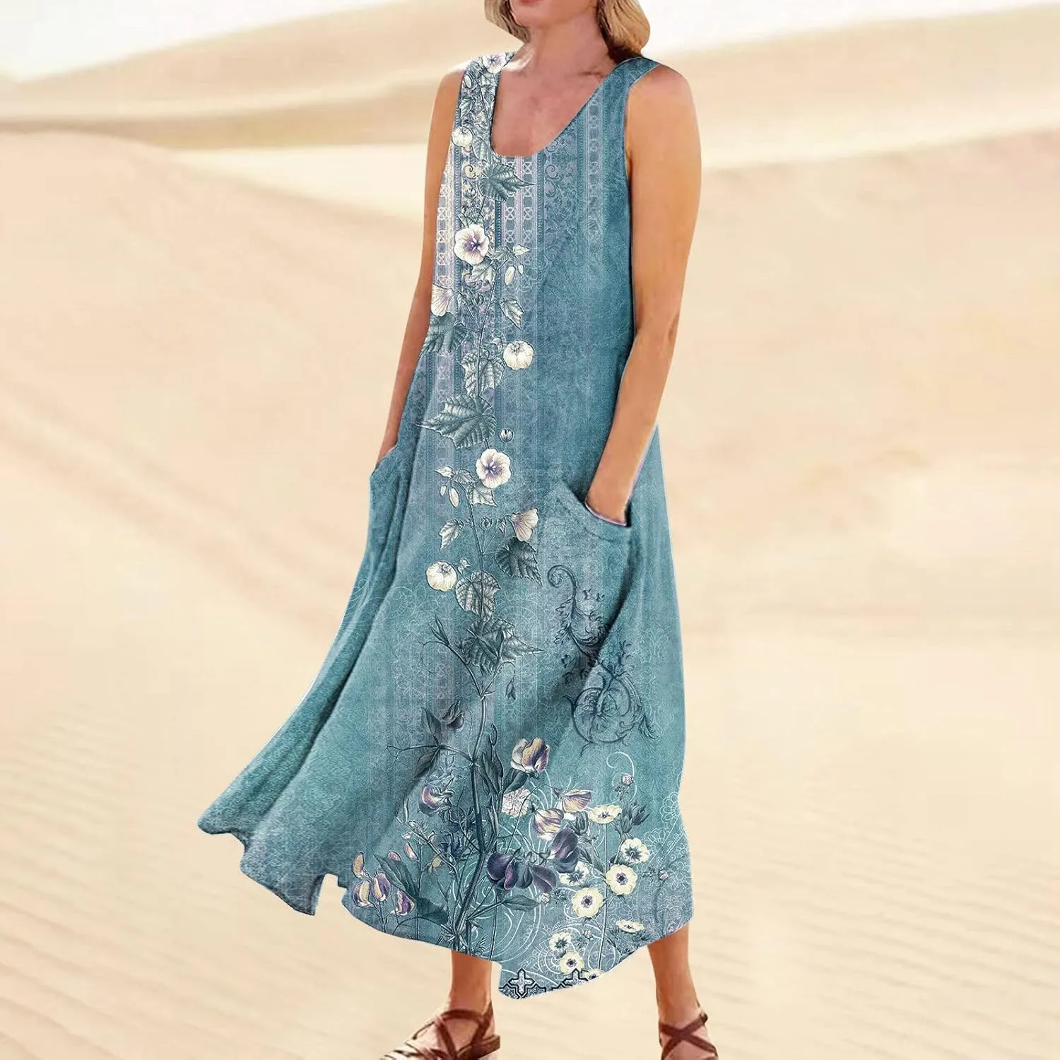 Women 2024 Summer Tank Dress Sleeveless U Neck Printed/Solid Boho Beach Shirt Maxi Flowy Linen Cotton Dresses with Pocket