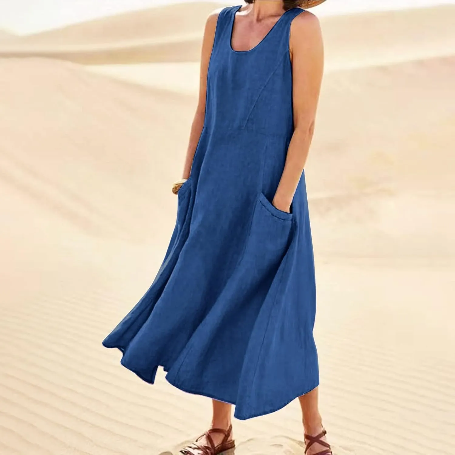 Women 2024 Summer Tank Dress Sleeveless U Neck Printed/Solid Boho Beach Shirt Maxi Flowy Linen Cotton Dresses with Pocket