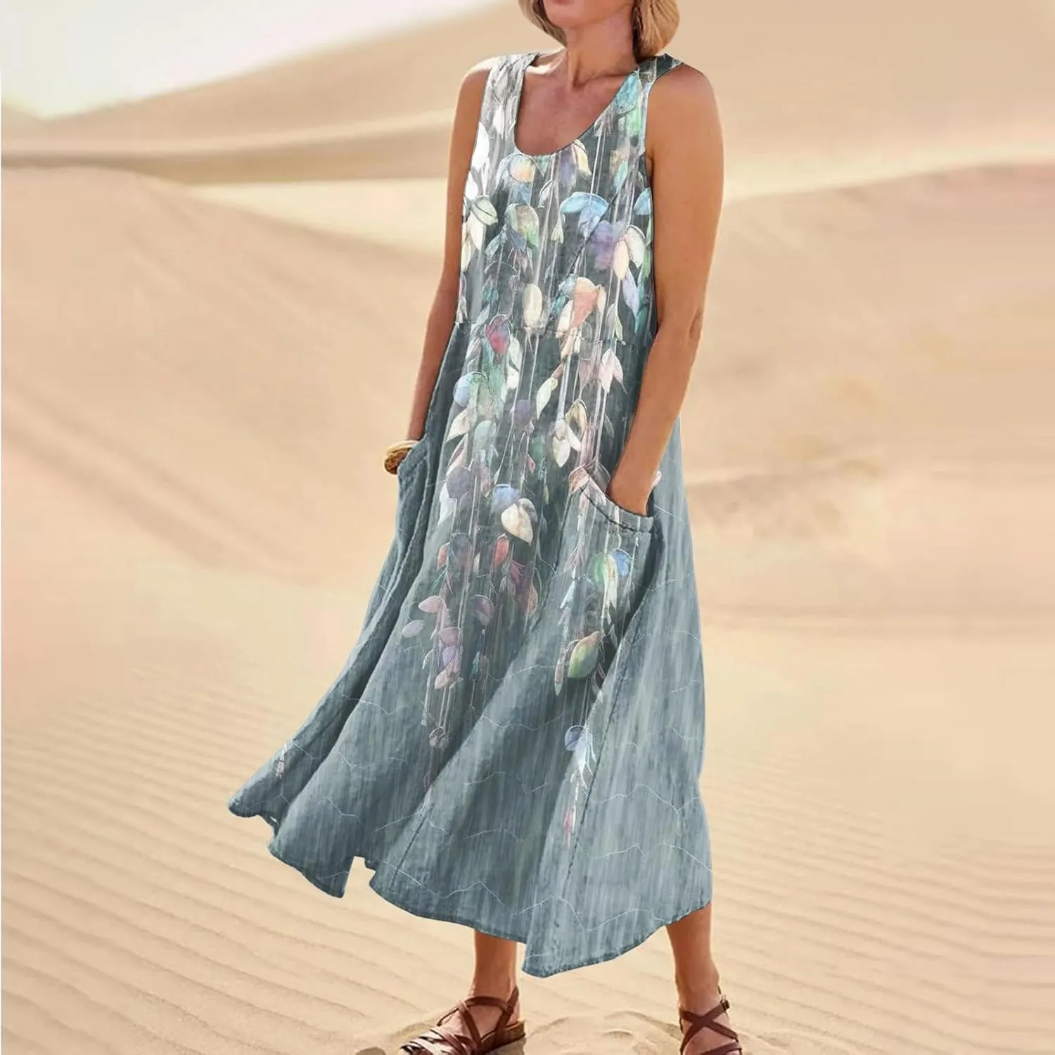 Women 2024 Summer Tank Dress Sleeveless U Neck Printed/Solid Boho Beach Shirt Maxi Flowy Linen Cotton Dresses with Pocket