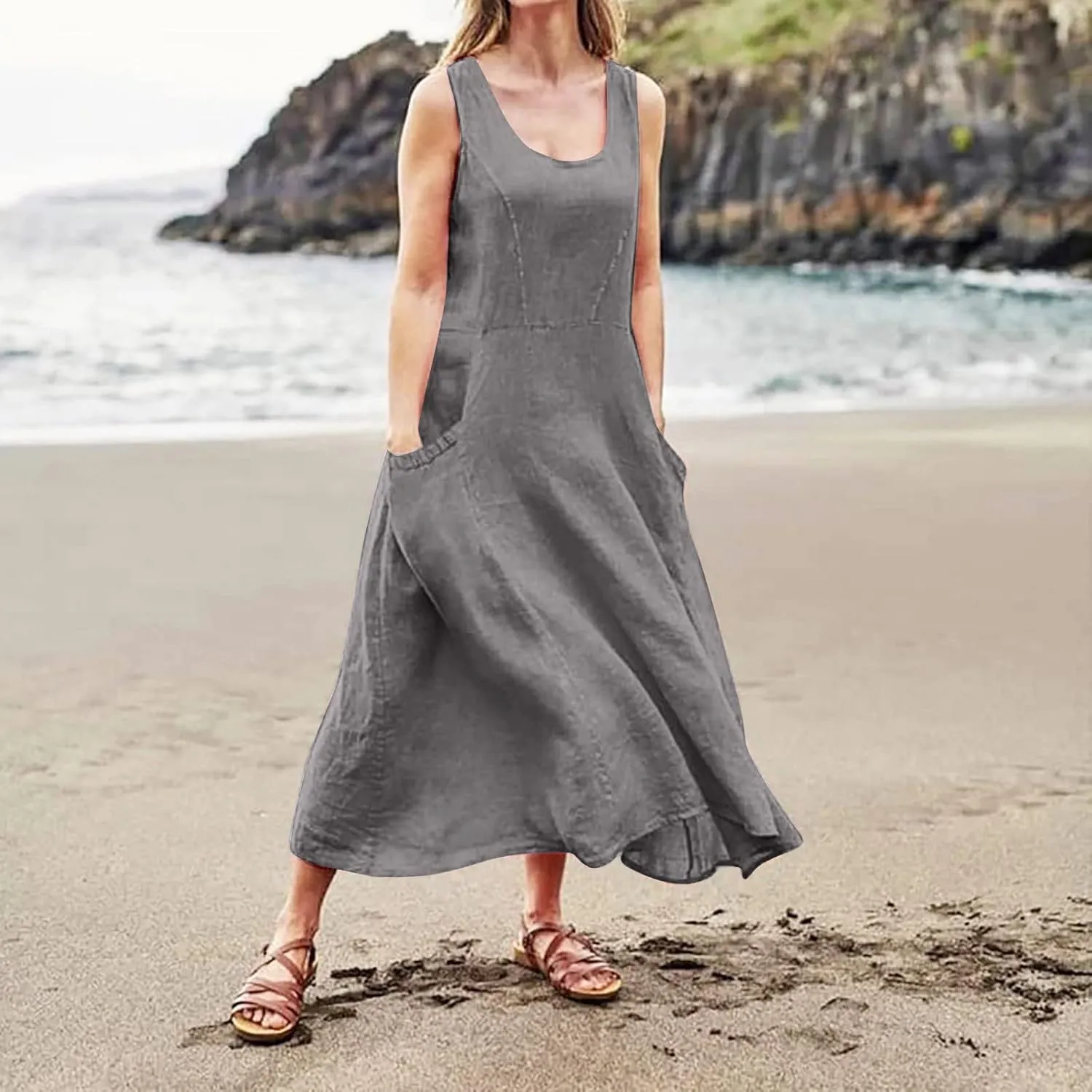 Women 2024 Summer Tank Dress Sleeveless U Neck Printed/Solid Boho Beach Shirt Maxi Flowy Linen Cotton Dresses with Pocket