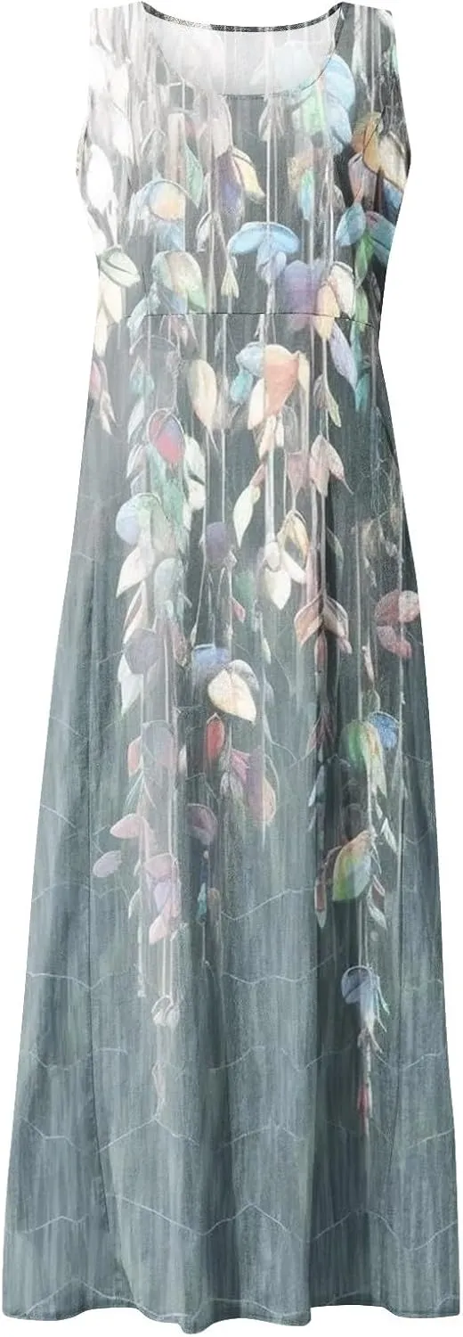 Women 2024 Summer Tank Dress Sleeveless U Neck Printed/Solid Boho Beach Shirt Maxi Flowy Linen Cotton Dresses with Pocket