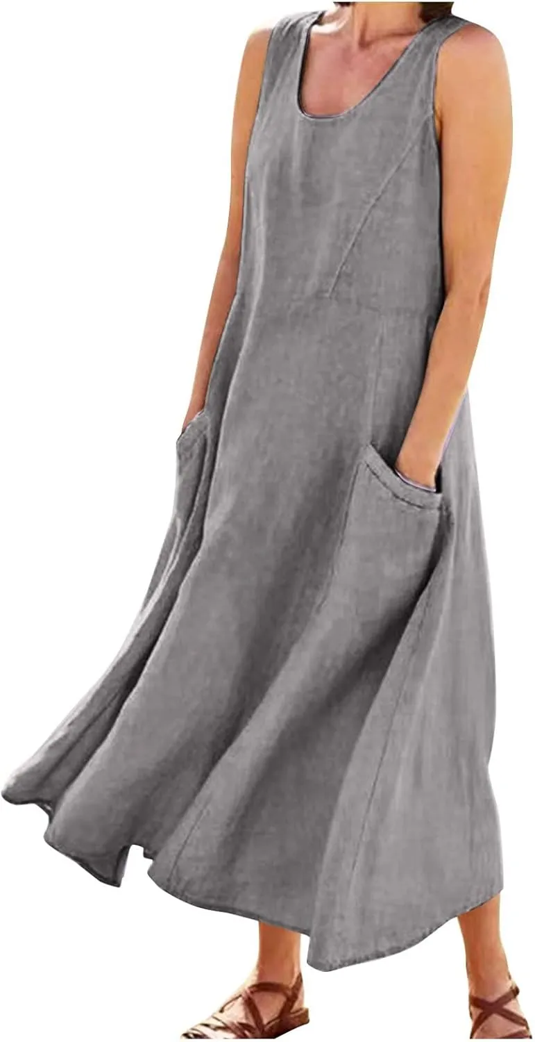Women 2024 Summer Tank Dress Sleeveless U Neck Printed/Solid Boho Beach Shirt Maxi Flowy Linen Cotton Dresses with Pocket
