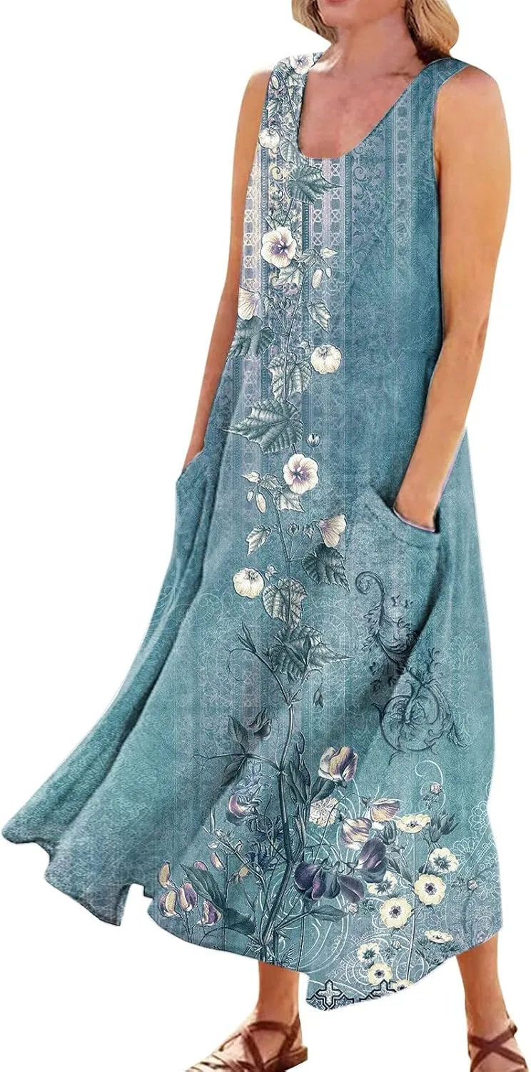 Women 2024 Summer Tank Dress Sleeveless U Neck Printed/Solid Boho Beach Shirt Maxi Flowy Linen Cotton Dresses with Pocket
