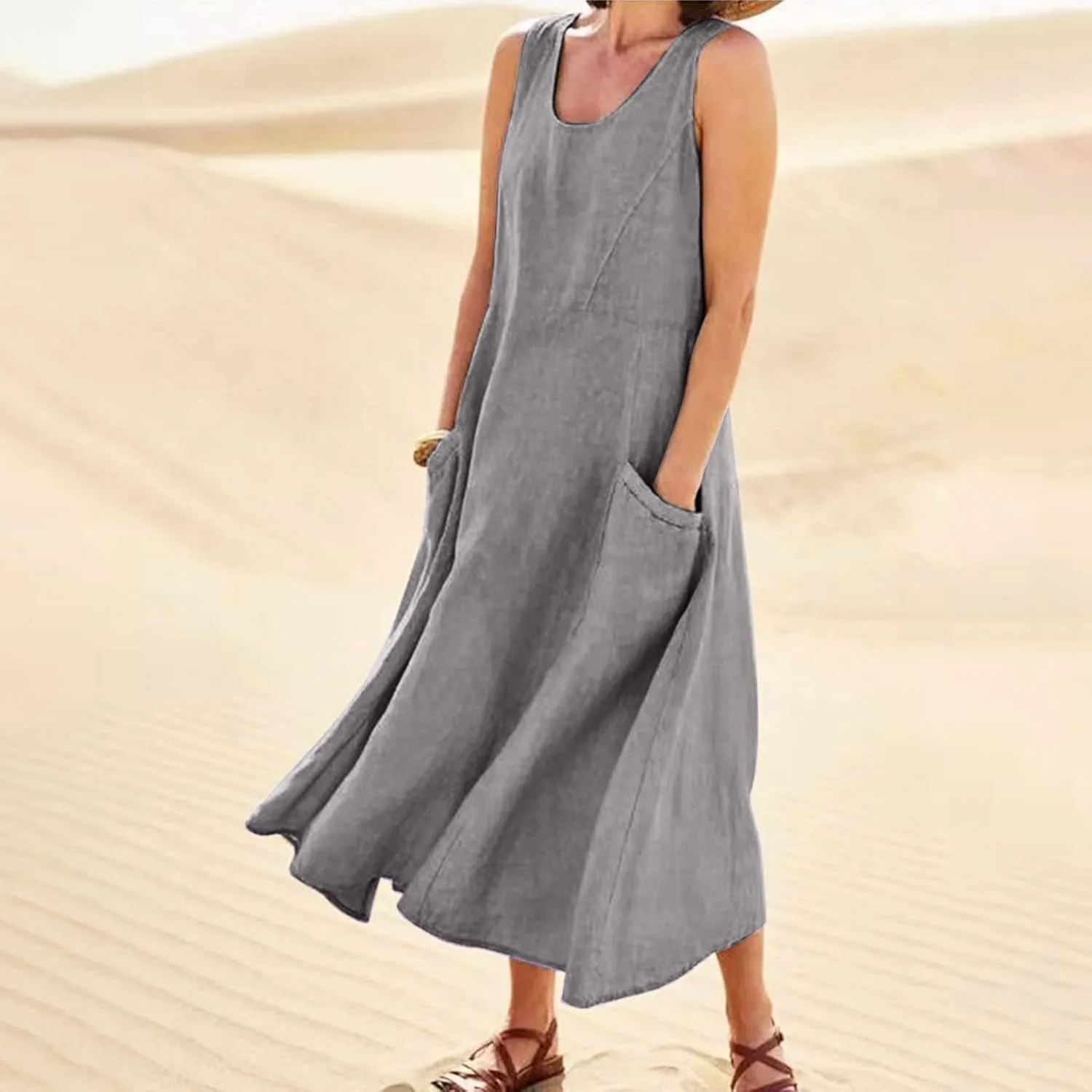 Women 2024 Summer Tank Dress Sleeveless U Neck Printed/Solid Boho Beach Shirt Maxi Flowy Linen Cotton Dresses with Pocket
