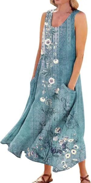 Women 2024 Summer Tank Dress Sleeveless U Neck Printed/Solid Boho Beach Shirt Maxi Flowy Linen Cotton Dresses with Pocket