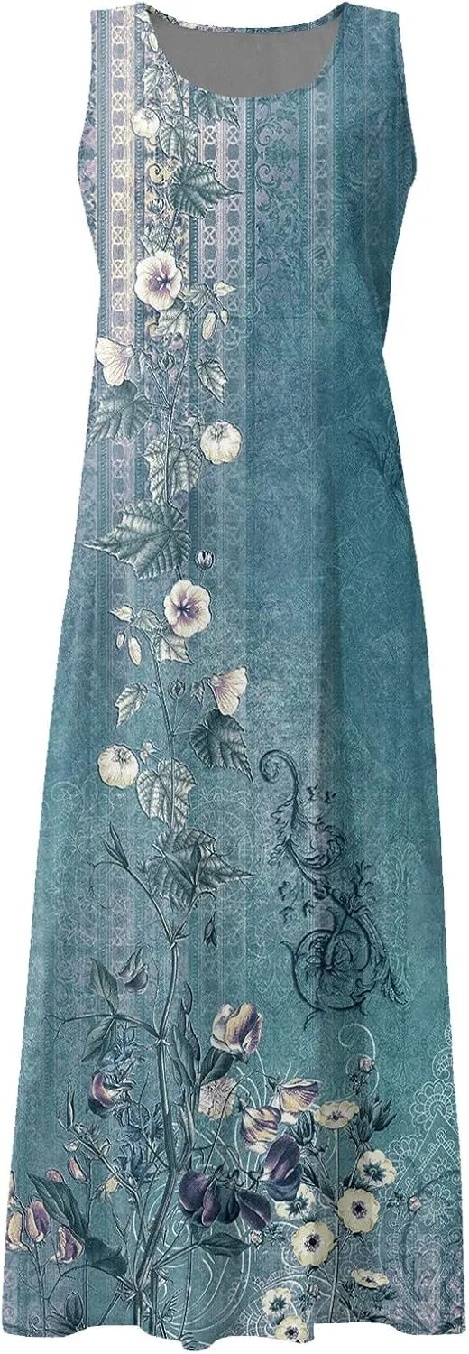 Women 2024 Summer Tank Dress Sleeveless U Neck Printed/Solid Boho Beach Shirt Maxi Flowy Linen Cotton Dresses with Pocket