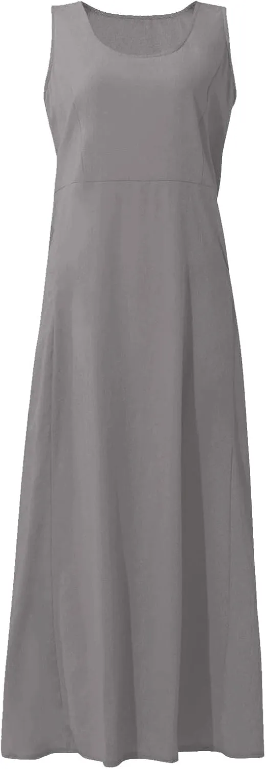 Women 2024 Summer Tank Dress Sleeveless U Neck Printed/Solid Boho Beach Shirt Maxi Flowy Linen Cotton Dresses with Pocket