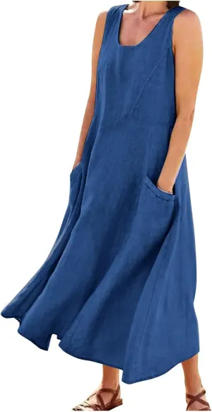 Women 2024 Summer Tank Dress Sleeveless U Neck Printed/Solid Boho Beach Shirt Maxi Flowy Linen Cotton Dresses with Pocket