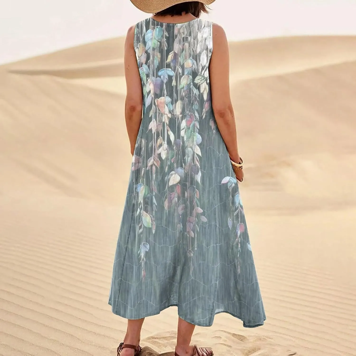 Women 2024 Summer Tank Dress Sleeveless U Neck Printed/Solid Boho Beach Shirt Maxi Flowy Linen Cotton Dresses with Pocket