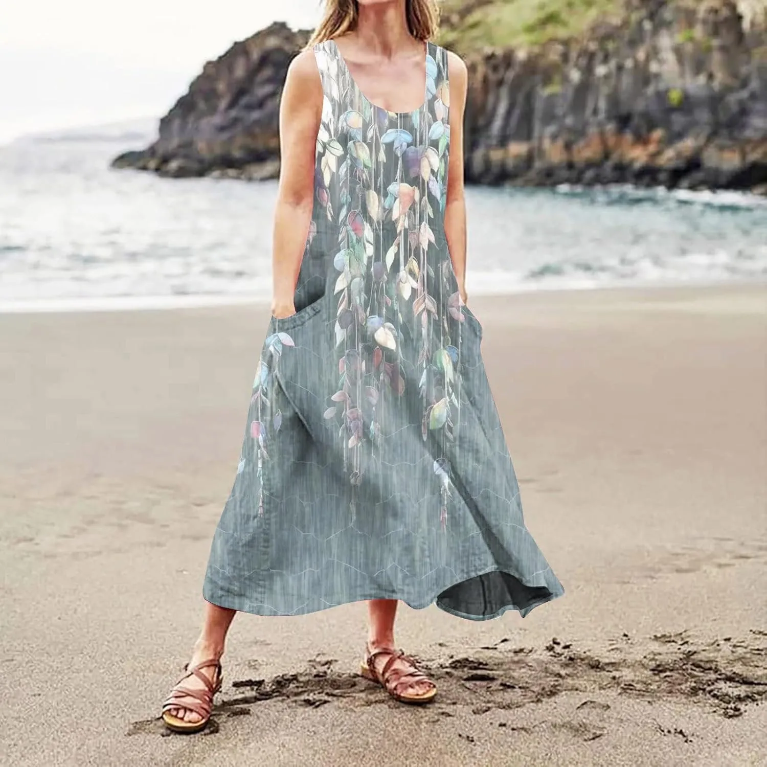 Women 2024 Summer Tank Dress Sleeveless U Neck Printed/Solid Boho Beach Shirt Maxi Flowy Linen Cotton Dresses with Pocket