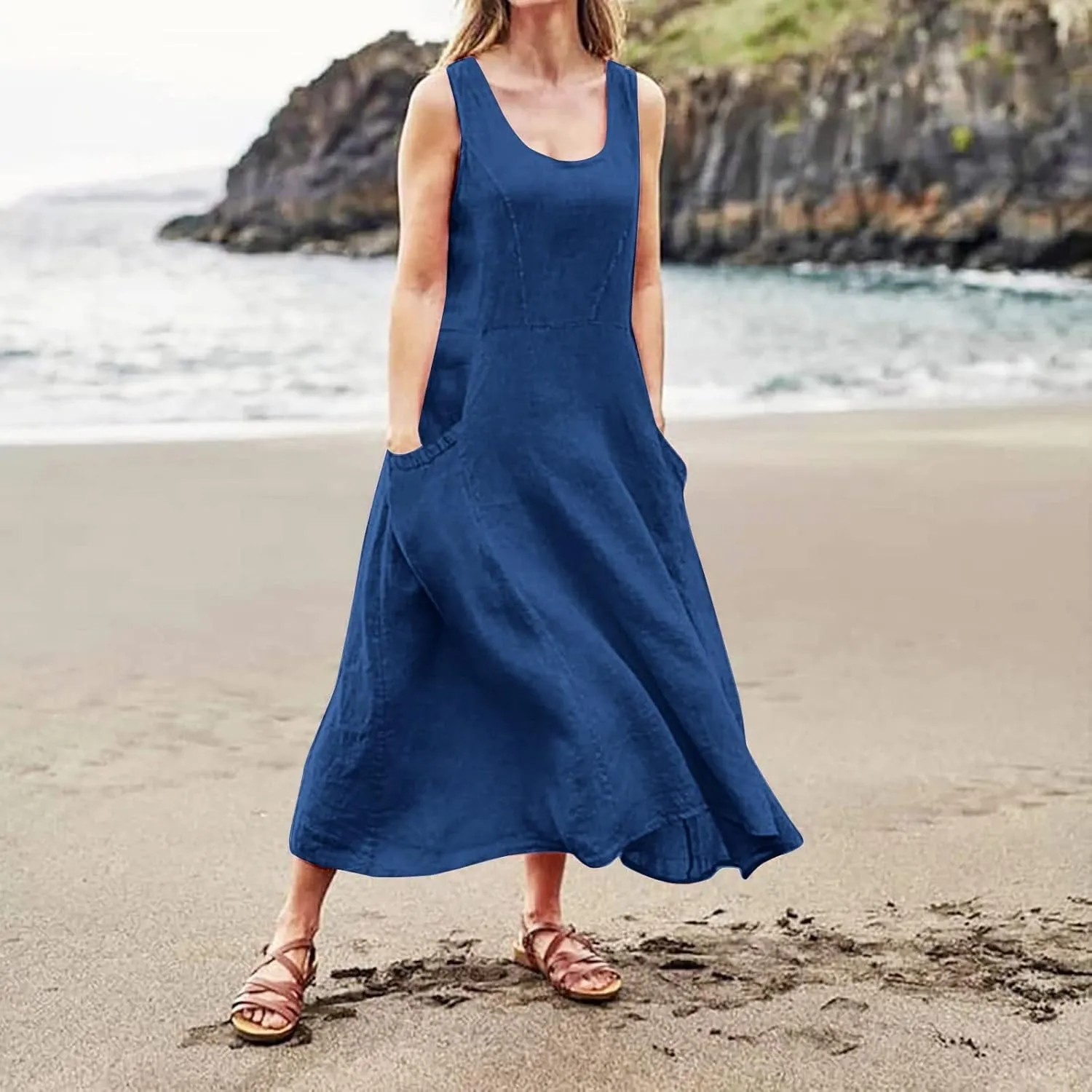Women 2024 Summer Tank Dress Sleeveless U Neck Printed/Solid Boho Beach Shirt Maxi Flowy Linen Cotton Dresses with Pocket
