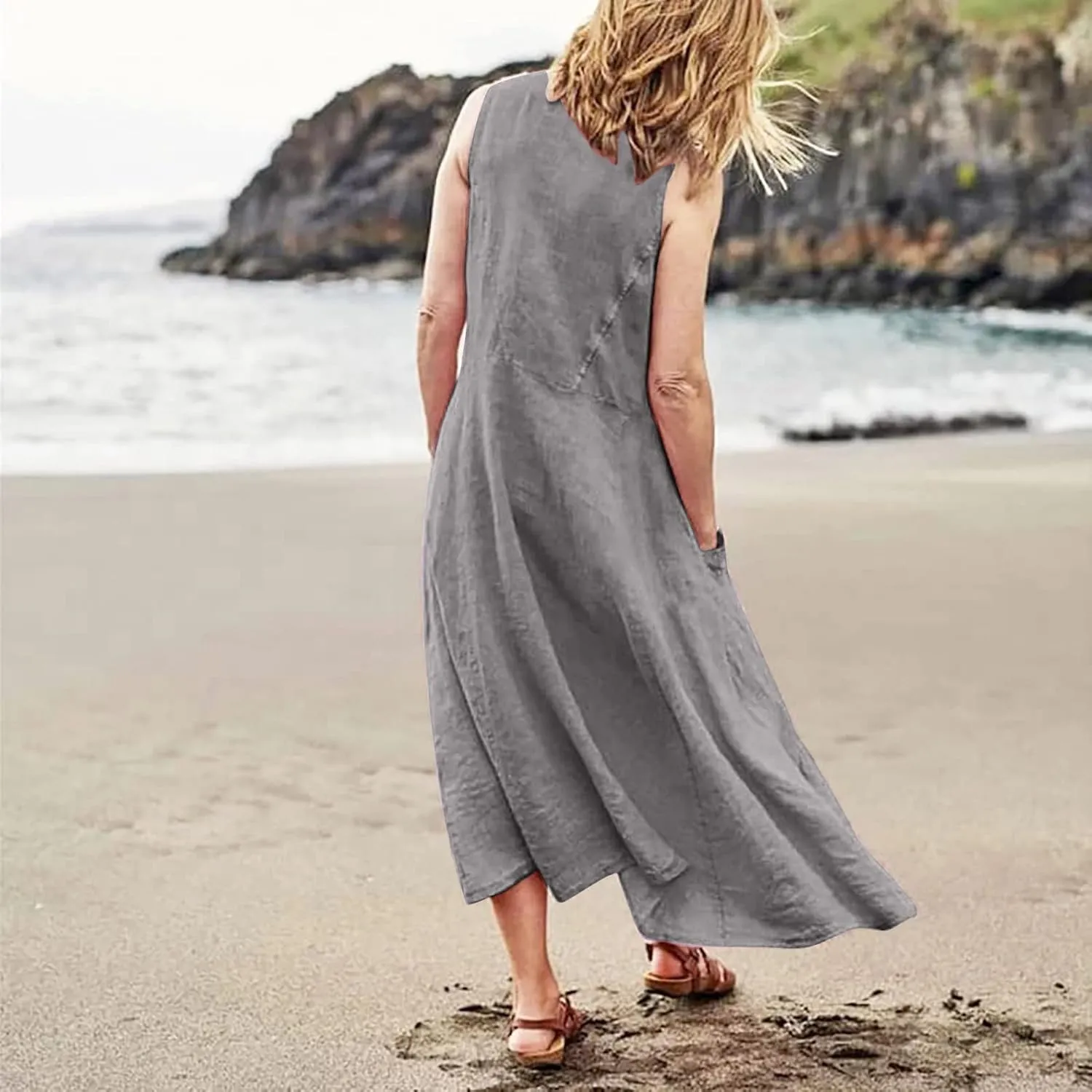 Women 2024 Summer Tank Dress Sleeveless U Neck Printed/Solid Boho Beach Shirt Maxi Flowy Linen Cotton Dresses with Pocket