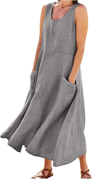 Women 2024 Summer Tank Dress Sleeveless U Neck Printed/Solid Boho Beach Shirt Maxi Flowy Linen Cotton Dresses with Pocket