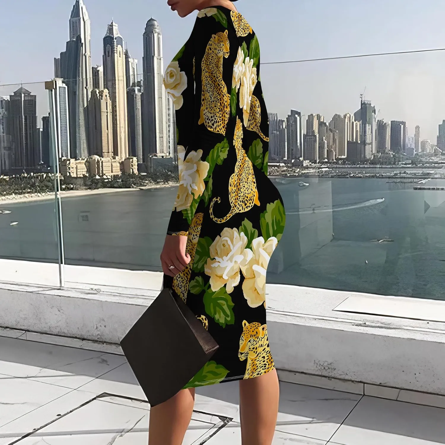 Women Bodycon Long Sleeve Dress Casual Crewneck Slim Fit Elegant Empire Waist Basic Midi Tank Short Party Club Dress