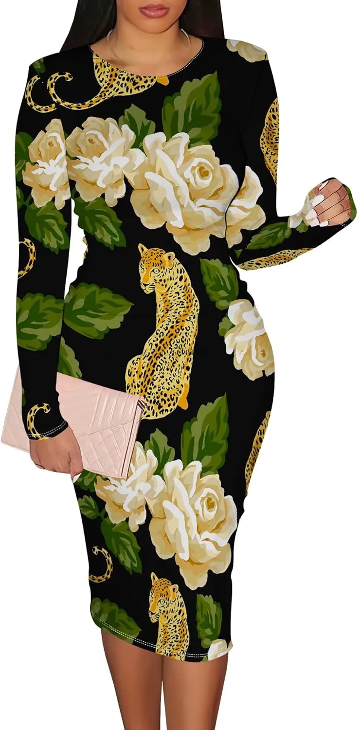 Women Bodycon Long Sleeve Dress Casual Crewneck Slim Fit Elegant Empire Waist Basic Midi Tank Short Party Club Dress