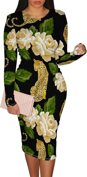 Women Bodycon Long Sleeve Dress Casual Crewneck Slim Fit Elegant Empire Waist Basic Midi Tank Short Party Club Dress