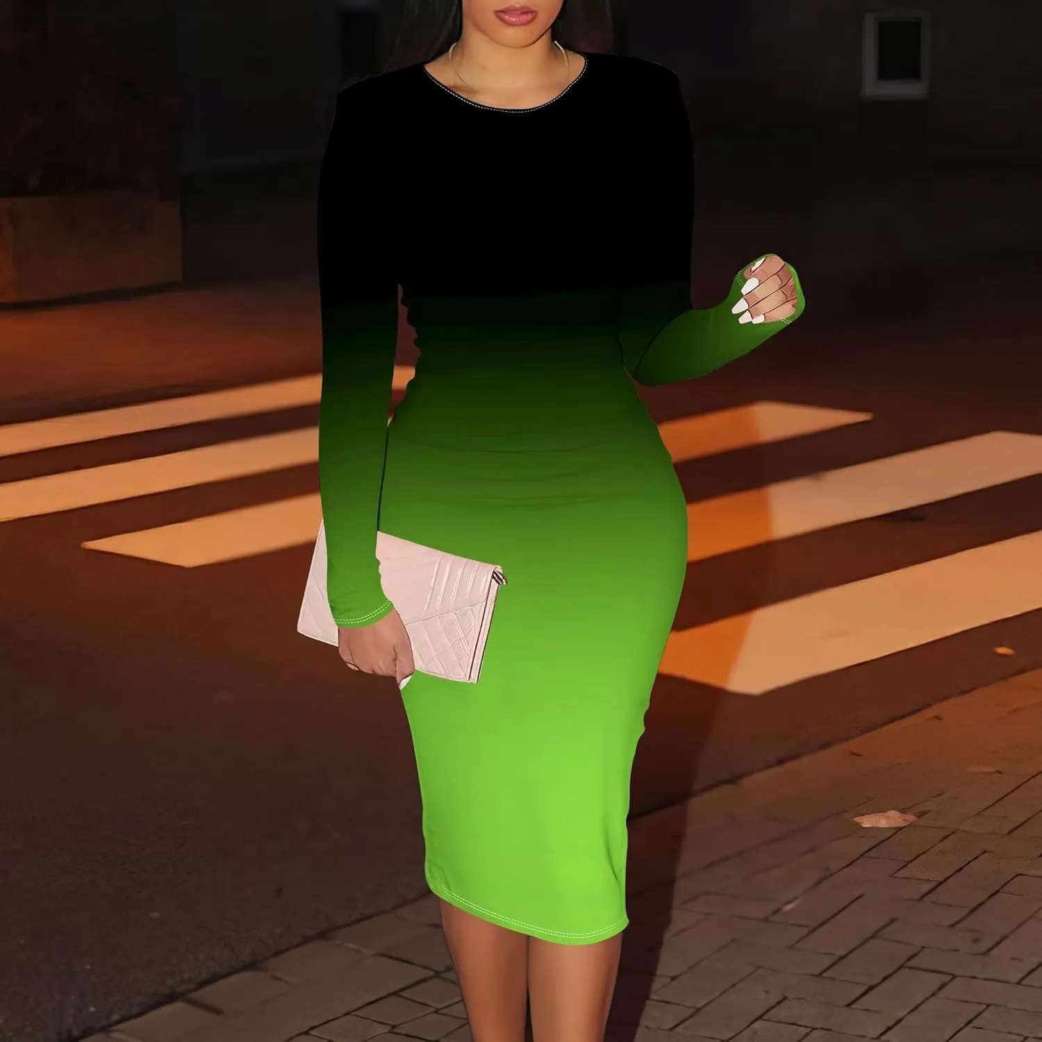 Women Bodycon Long Sleeve Dress Casual Crewneck Slim Fit Elegant Empire Waist Basic Midi Tank Short Party Club Dress