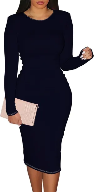 Women Bodycon Long Sleeve Dress Casual Crewneck Slim Fit Elegant Empire Waist Basic Midi Tank Short Party Club Dress