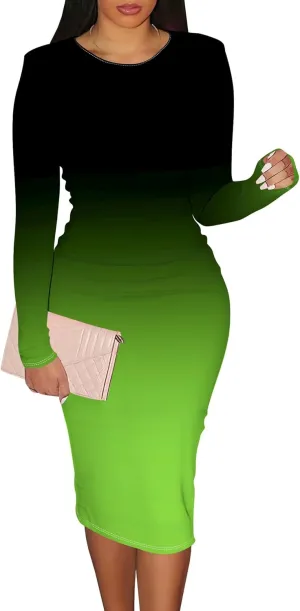 Women Bodycon Long Sleeve Dress Casual Crewneck Slim Fit Elegant Empire Waist Basic Midi Tank Short Party Club Dress