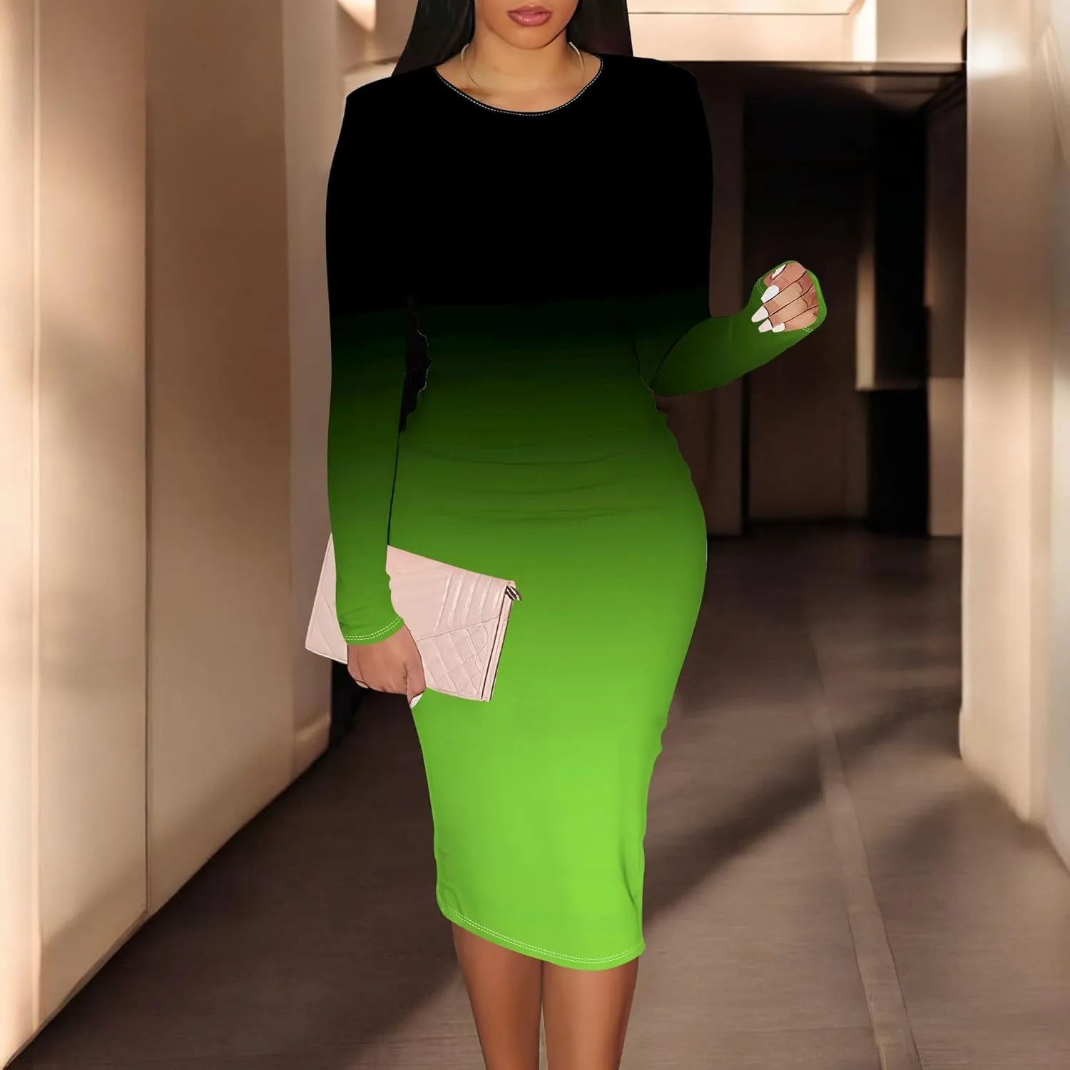 Women Bodycon Long Sleeve Dress Casual Crewneck Slim Fit Elegant Empire Waist Basic Midi Tank Short Party Club Dress