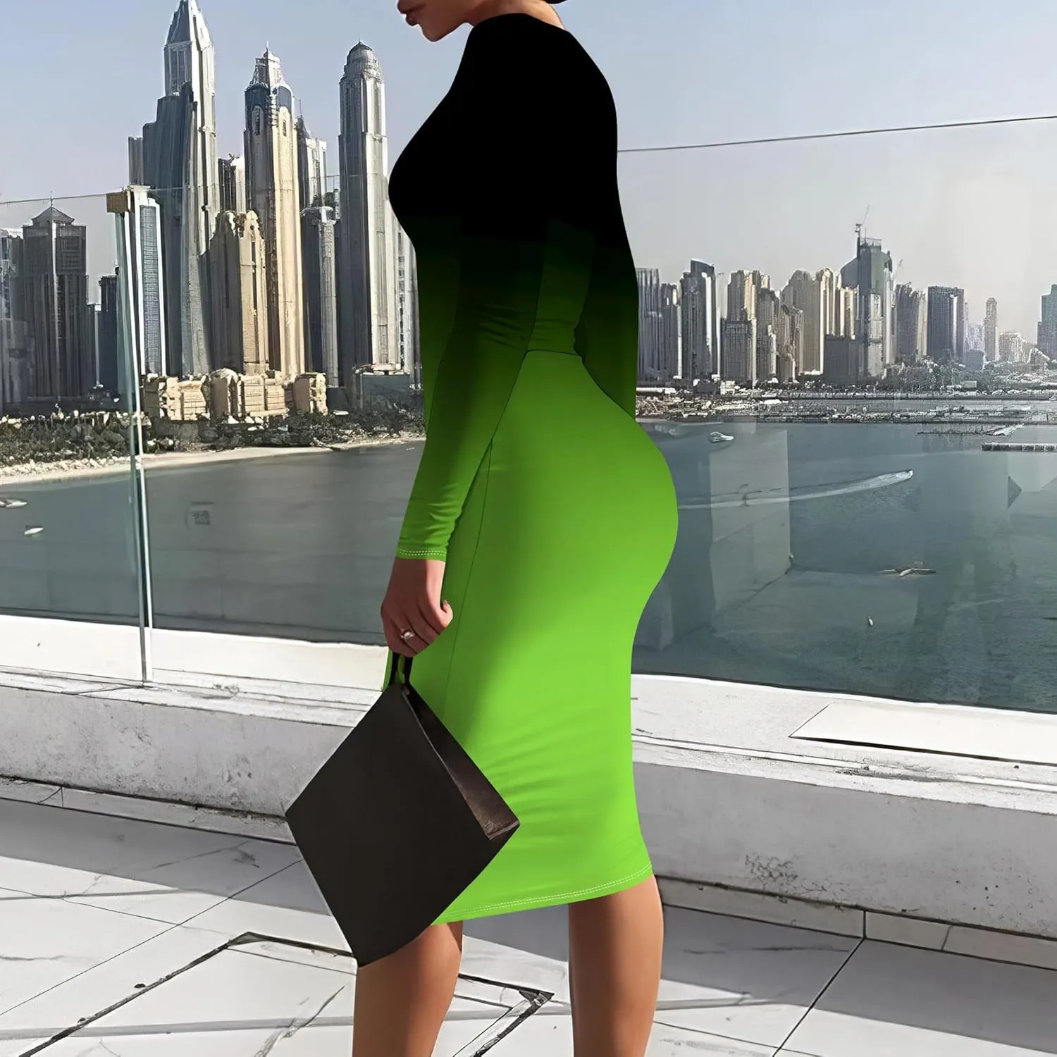 Women Bodycon Long Sleeve Dress Casual Crewneck Slim Fit Elegant Empire Waist Basic Midi Tank Short Party Club Dress