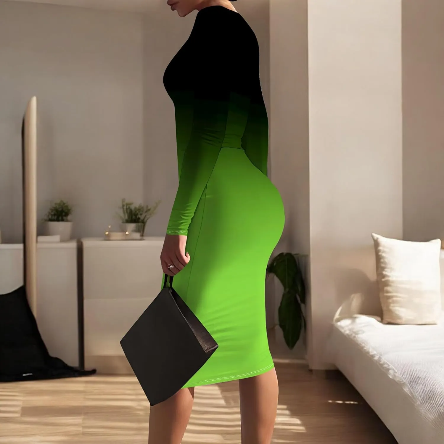 Women Bodycon Long Sleeve Dress Casual Crewneck Slim Fit Elegant Empire Waist Basic Midi Tank Short Party Club Dress