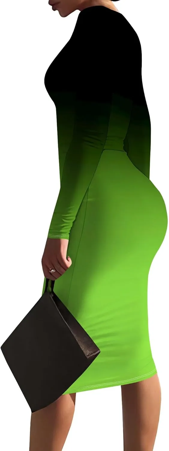 Women Bodycon Long Sleeve Dress Casual Crewneck Slim Fit Elegant Empire Waist Basic Midi Tank Short Party Club Dress