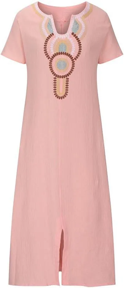 Women Casual Embroidered Print Maxi Dress Loose Fit Plus Size Boho Midi Dresses V Neck Cotton Linen Kaftan Dress