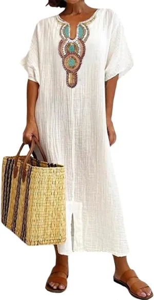 Women Casual Embroidered Print Maxi Dress Loose Fit Plus Size Boho Midi Dresses V Neck Cotton Linen Kaftan Dress