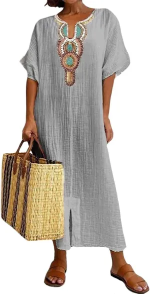 Women Casual Embroidered Print Maxi Dress Loose Fit Plus Size Boho Midi Dresses V Neck Cotton Linen Kaftan Dress