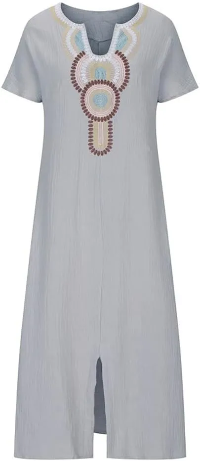 Women Casual Embroidered Print Maxi Dress Loose Fit Plus Size Boho Midi Dresses V Neck Cotton Linen Kaftan Dress