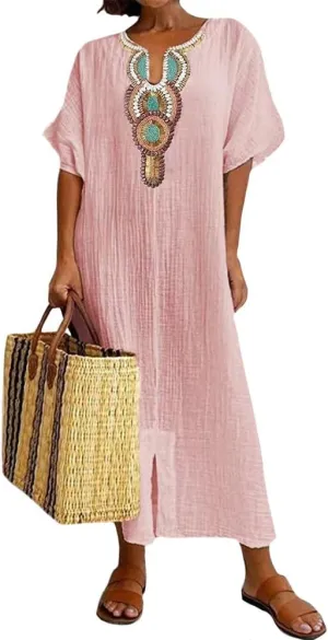 Women Casual Embroidered Print Maxi Dress Loose Fit Plus Size Boho Midi Dresses V Neck Cotton Linen Kaftan Dress