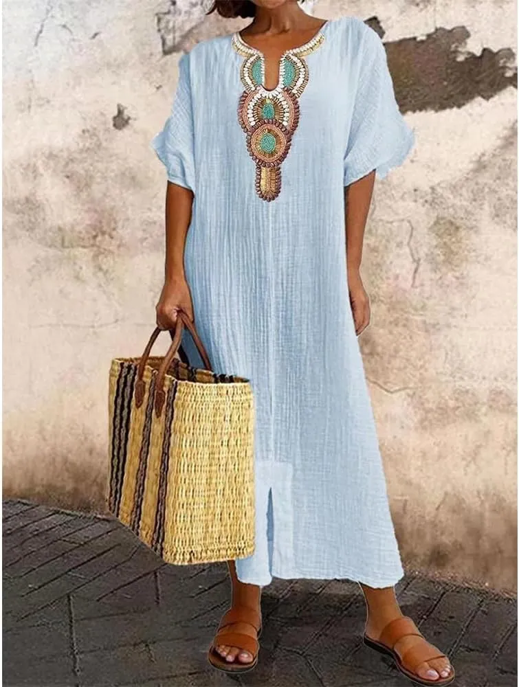 Women Casual Embroidered Print Maxi Dress Loose Fit Plus Size Boho Midi Dresses V Neck Cotton Linen Kaftan Dress