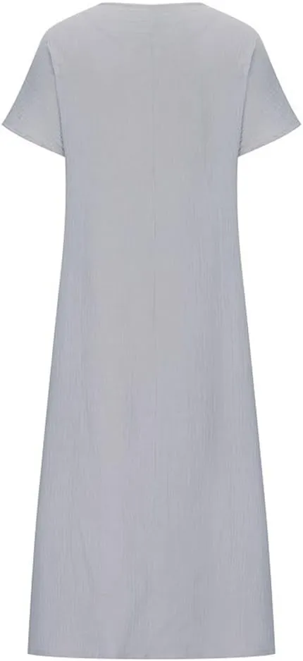 Women Casual Embroidered Print Maxi Dress Loose Fit Plus Size Boho Midi Dresses V Neck Cotton Linen Kaftan Dress