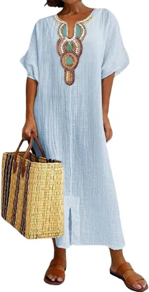 Women Casual Embroidered Print Maxi Dress Loose Fit Plus Size Boho Midi Dresses V Neck Cotton Linen Kaftan Dress