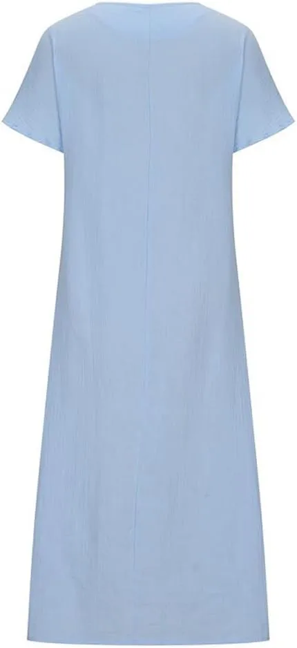 Women Casual Embroidered Print Maxi Dress Loose Fit Plus Size Boho Midi Dresses V Neck Cotton Linen Kaftan Dress