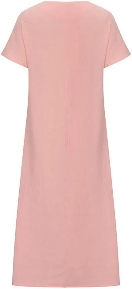Women Casual Embroidered Print Maxi Dress Loose Fit Plus Size Boho Midi Dresses V Neck Cotton Linen Kaftan Dress