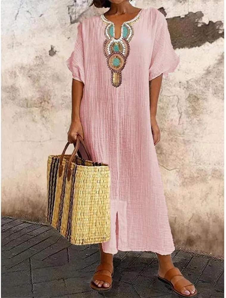 Women Casual Embroidered Print Maxi Dress Loose Fit Plus Size Boho Midi Dresses V Neck Cotton Linen Kaftan Dress