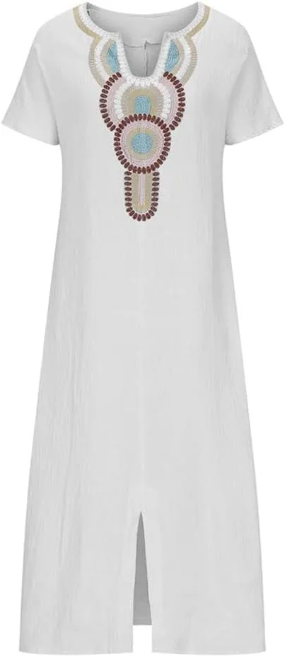 Women Casual Embroidered Print Maxi Dress Loose Fit Plus Size Boho Midi Dresses V Neck Cotton Linen Kaftan Dress