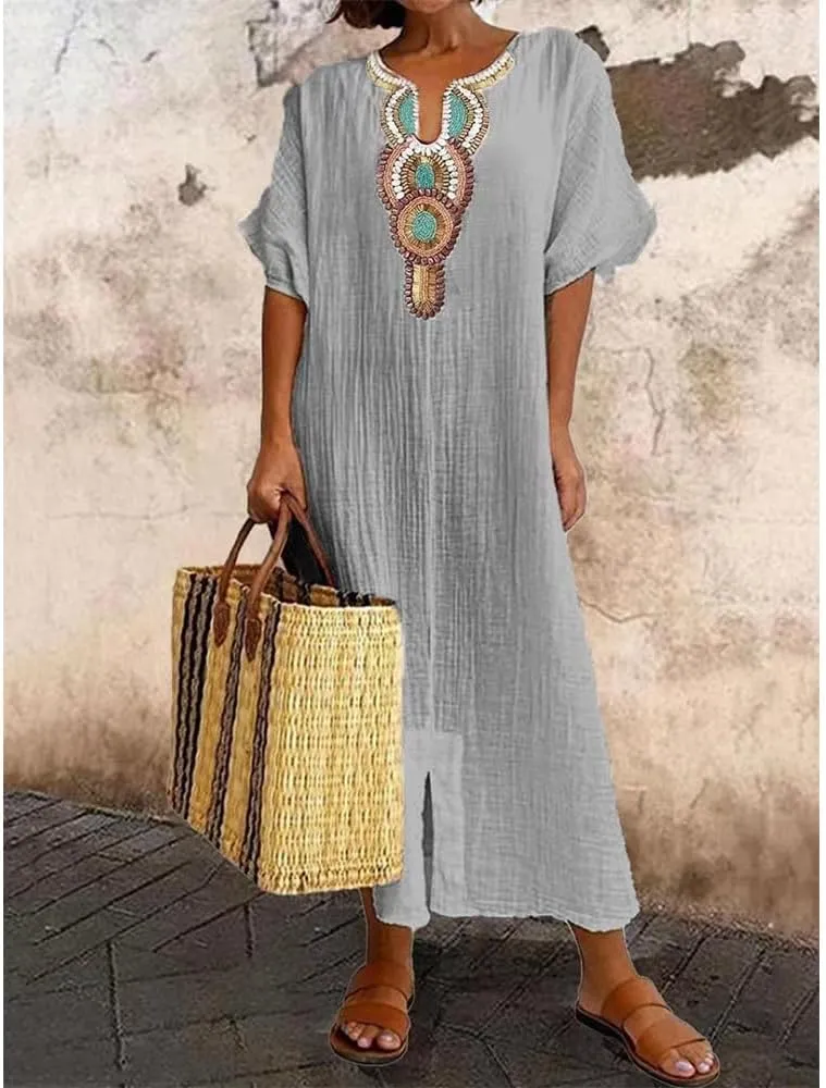 Women Casual Embroidered Print Maxi Dress Loose Fit Plus Size Boho Midi Dresses V Neck Cotton Linen Kaftan Dress