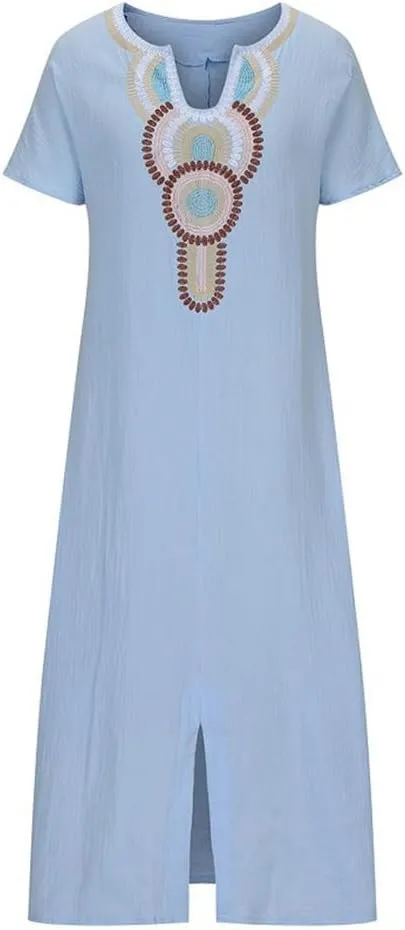Women Casual Embroidered Print Maxi Dress Loose Fit Plus Size Boho Midi Dresses V Neck Cotton Linen Kaftan Dress