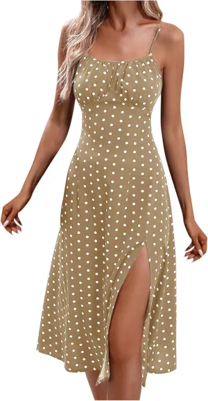 Women Casual Summer Boho Sleeveless Dresses Polka Dot Spaghetti Strap Midi Dress Trendy Split Sundress Travel Wear