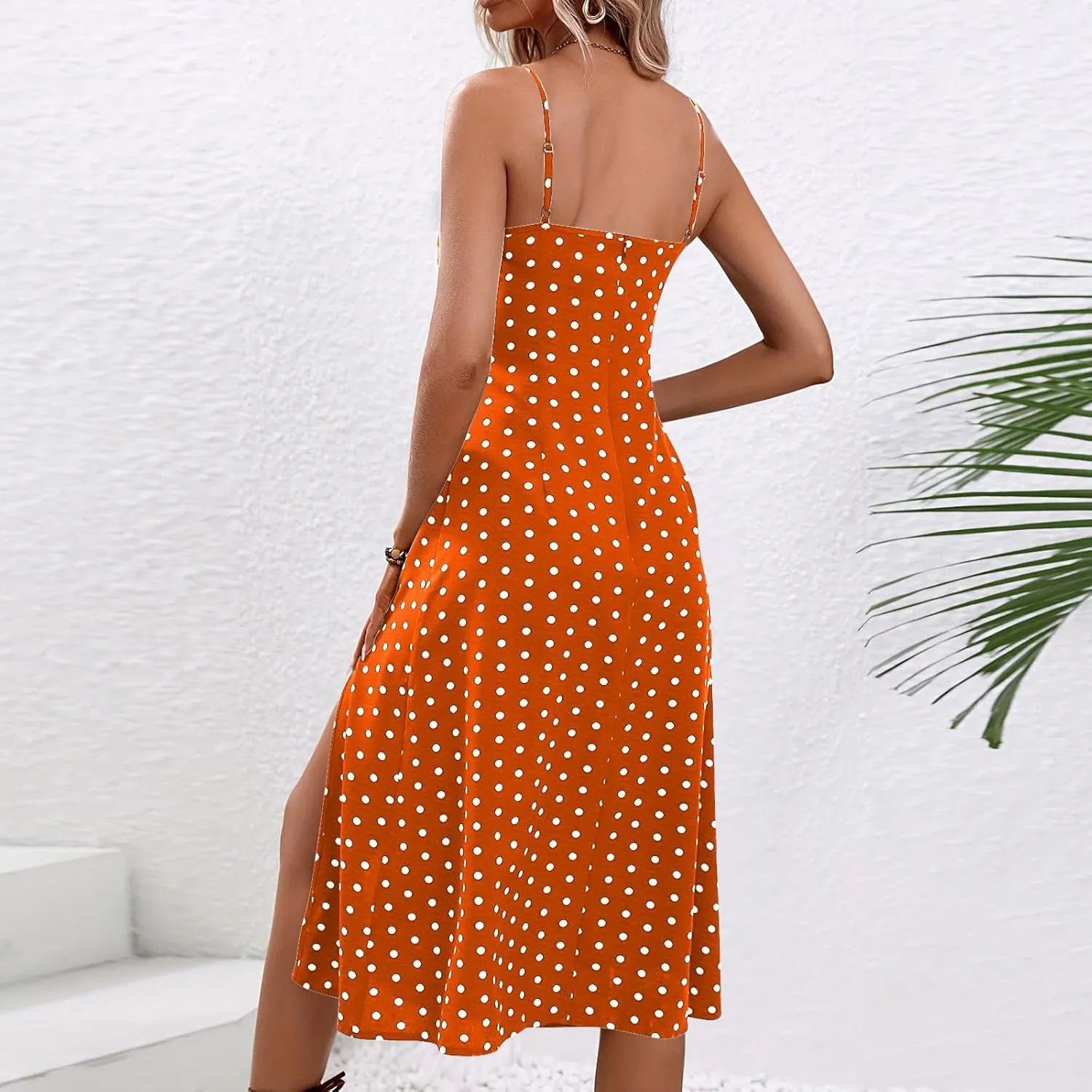 Women Casual Summer Boho Sleeveless Dresses Polka Dot Spaghetti Strap Midi Dress Trendy Split Sundress Travel Wear