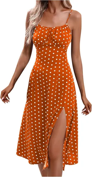 Women Casual Summer Boho Sleeveless Dresses Polka Dot Spaghetti Strap Midi Dress Trendy Split Sundress Travel Wear