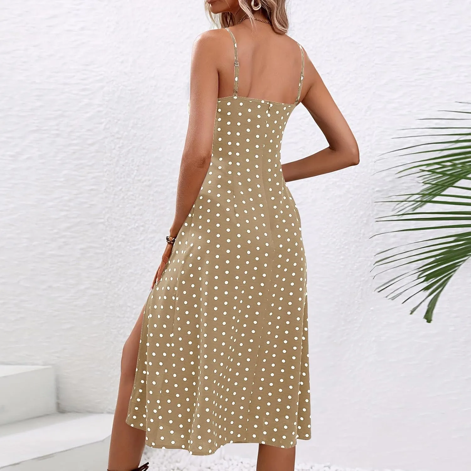 Women Casual Summer Boho Sleeveless Dresses Polka Dot Spaghetti Strap Midi Dress Trendy Split Sundress Travel Wear